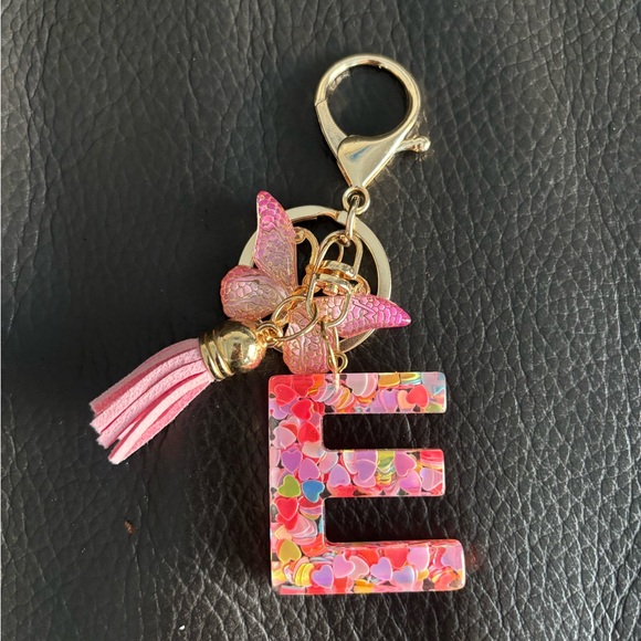 Pink Butterfly Letter E Bag Charm Keychain - Picture 2 of 4